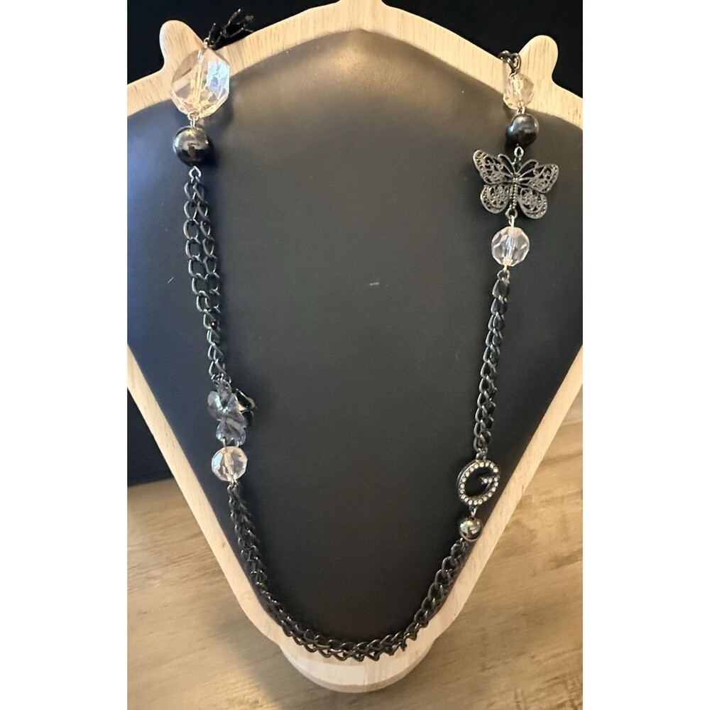Vintage Y2K Guess Black Tone Logo Charm Necklace Rhinestone 36"